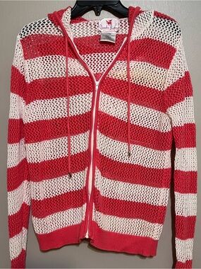 Quacker Factory Red and White Striped Hooded Open-Knit Zip Cardigan